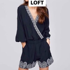 LOFT Black and White Embroidered Wrap Romper